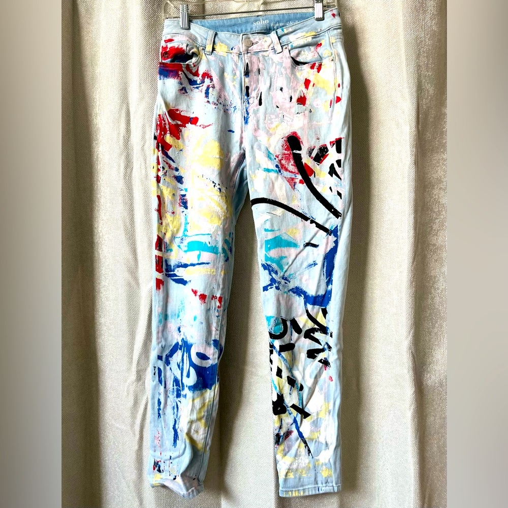 Soho New York & Company Womens Boyfriend Jeans 4 Blue Red White Painted